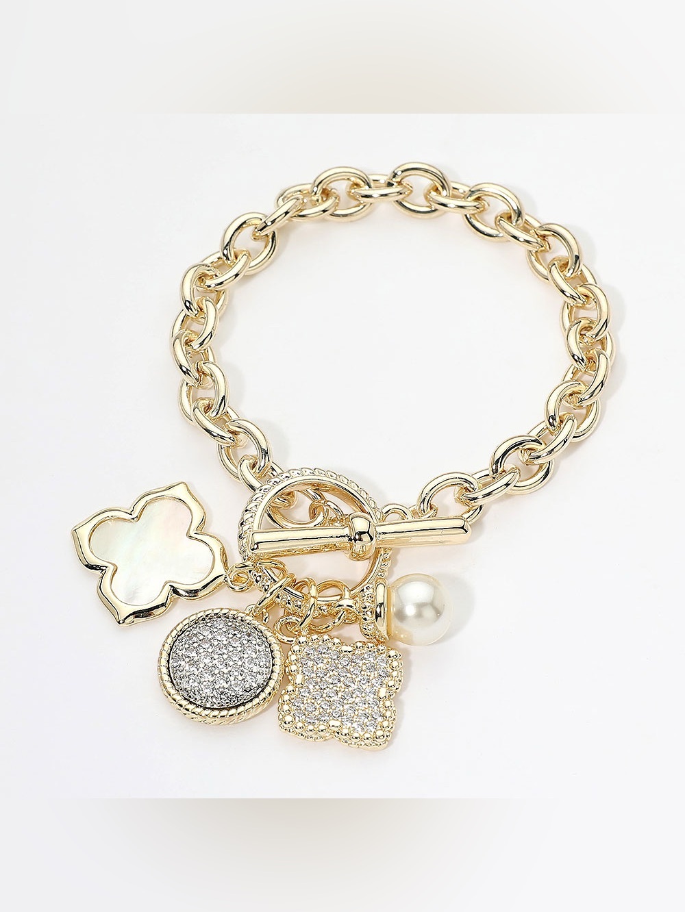 14K Gold Plated CZ Pave Quatrefoil Pearl Floral Charm Toggle Bracelet